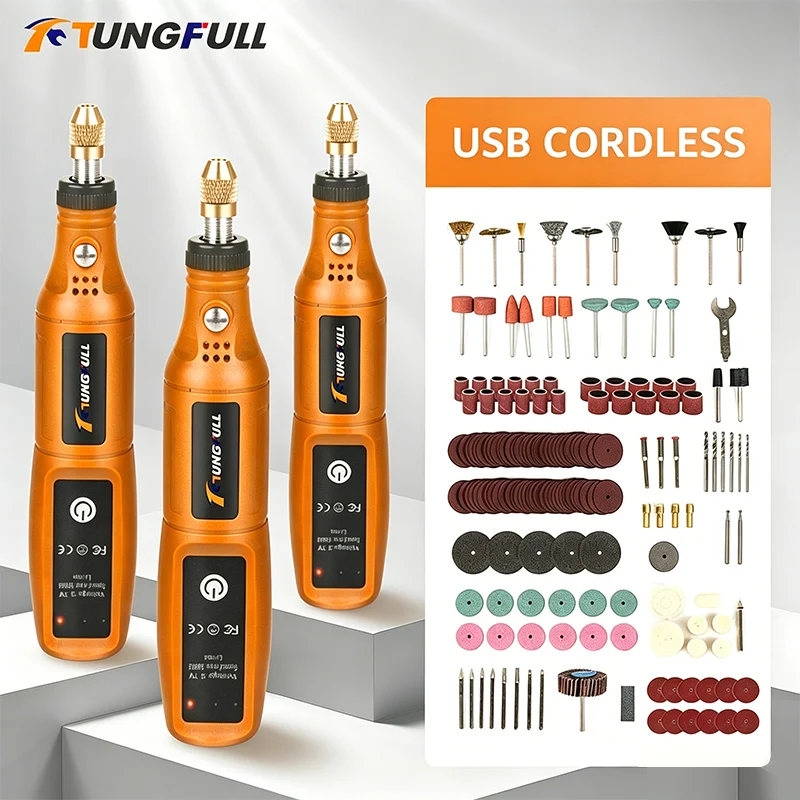 Power Tools Brand - TUNGFULL ミニ電動グラインダー ワイヤレス充電式電動ドリル ドリルマシン ツールキット付き 木彫りツール
