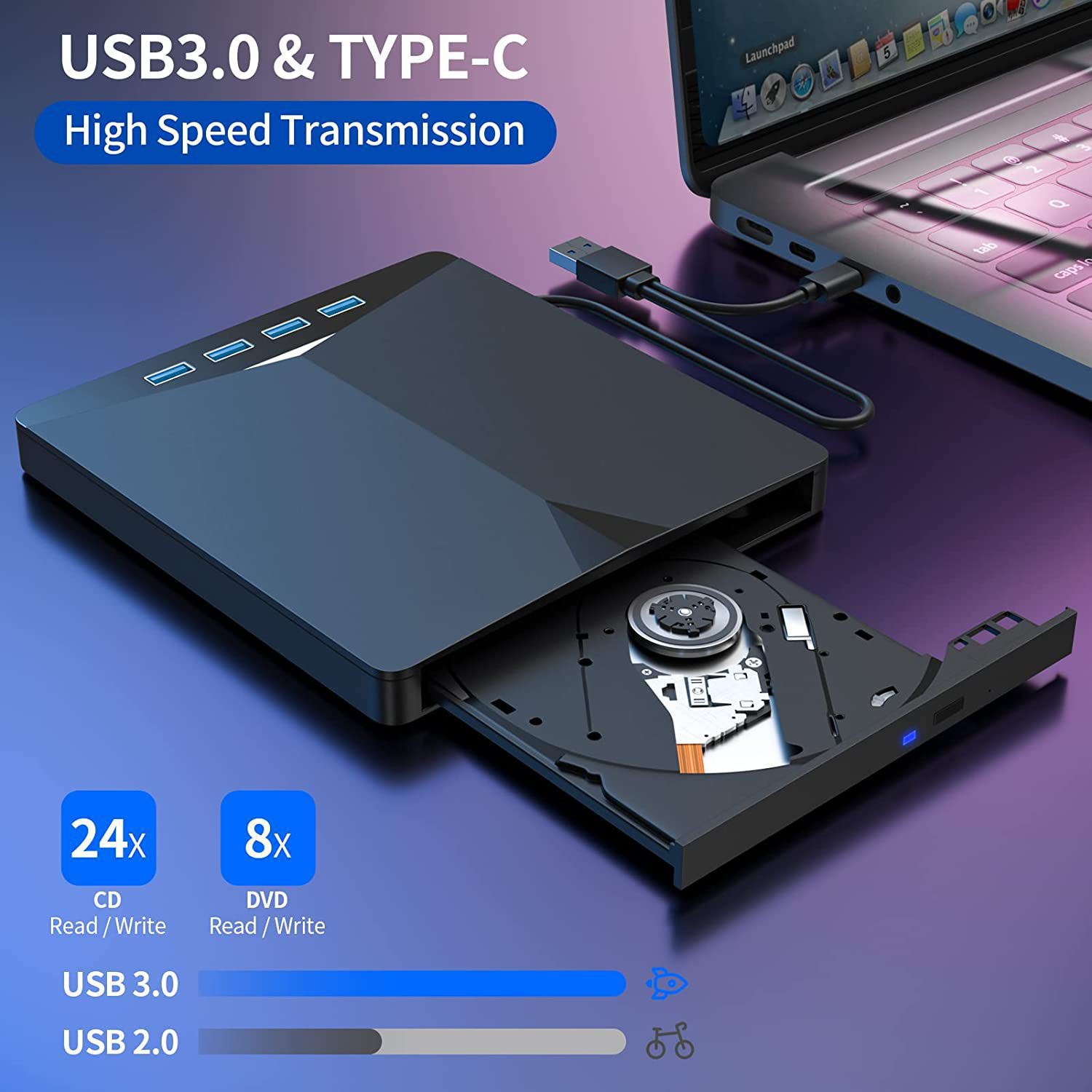 Power Tools Windows 11 - デスクトップPC、ノートパソコン用のリーダー、バーナー、プレーヤー、Windows 10/11対応、7-in-1 USB 3.0 Type-C高速外付けDVDトレイロードRWドライブ