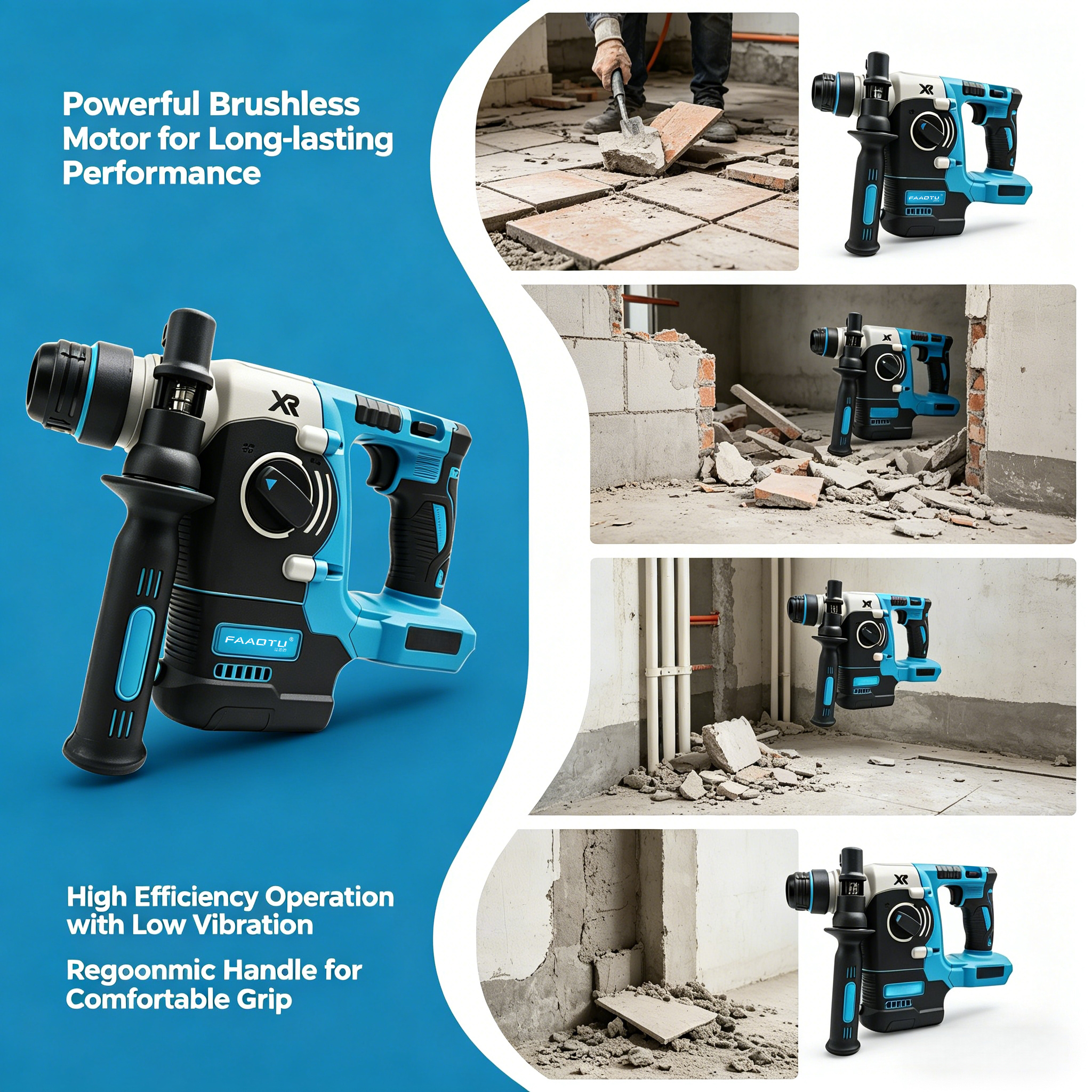 Power Tools Cordless - FAAOTU 273 電動コードレスブラシレスハンマードリル充電式ロータリーハンマードリル＆チゼル高トルクパワーツール